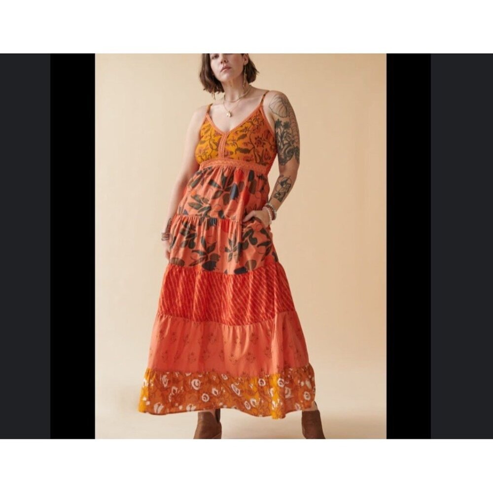 Orange Tropical Babydoll Sleeveless Tiered Maxi Dress Sz L Tropical, Boho, Gypsy